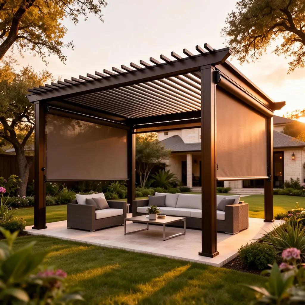 Backyard patio after installing aluminum louvered pergola with zip track screens