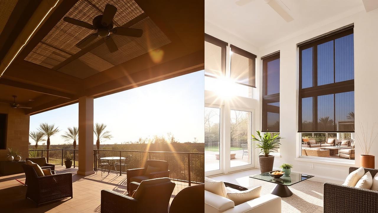 Side-by-side of exterior solar screens on a patio and interior roller shades in a living room