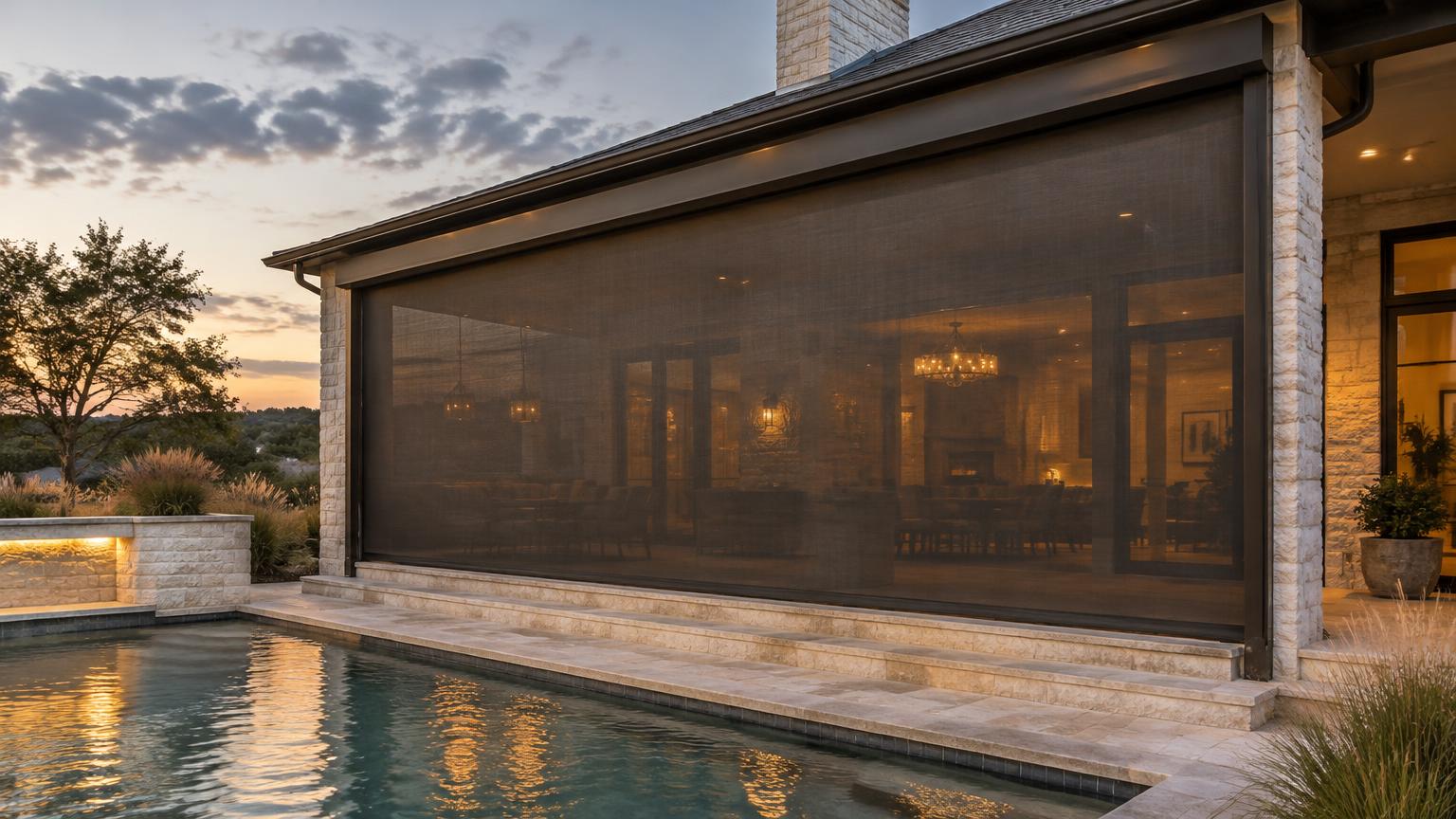 Motorized solar screen shade lowered in a bronze zip-track cassette on a Dallas-Fort Worth custom home patio at golden hour