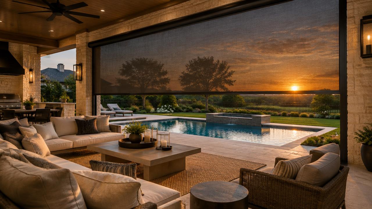 Motorized solar screen shade lowered on a DFW patio at sunset, view of the pool through the fabric
