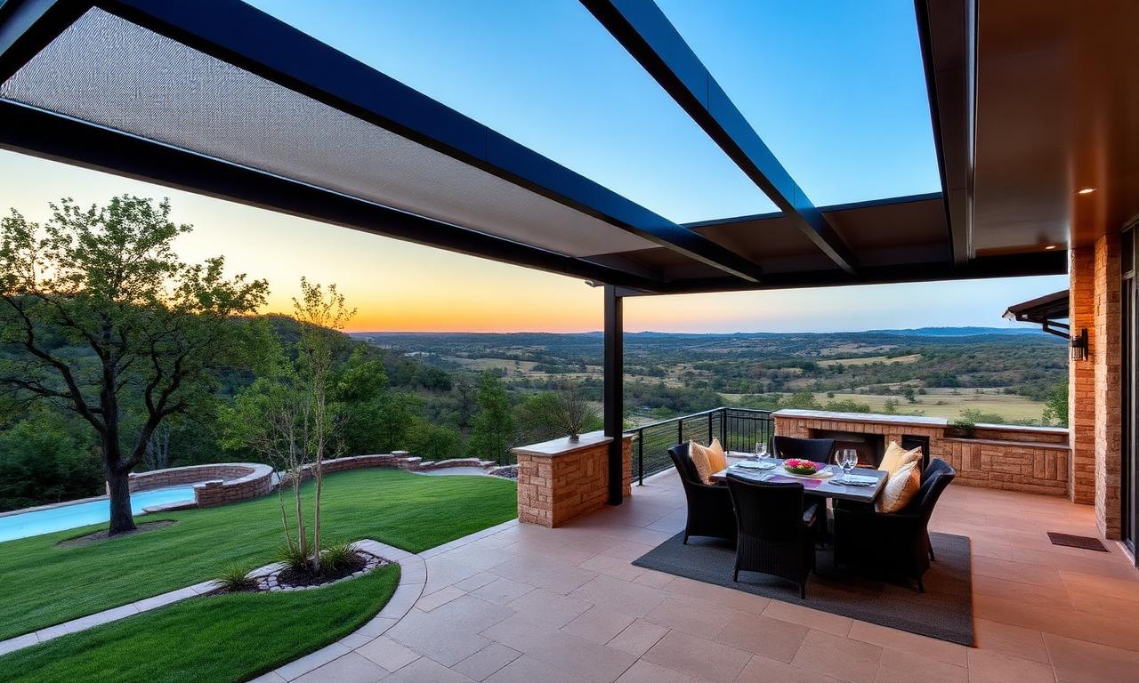 Custom patio shades and louvered pergola on a Aledo, TX home