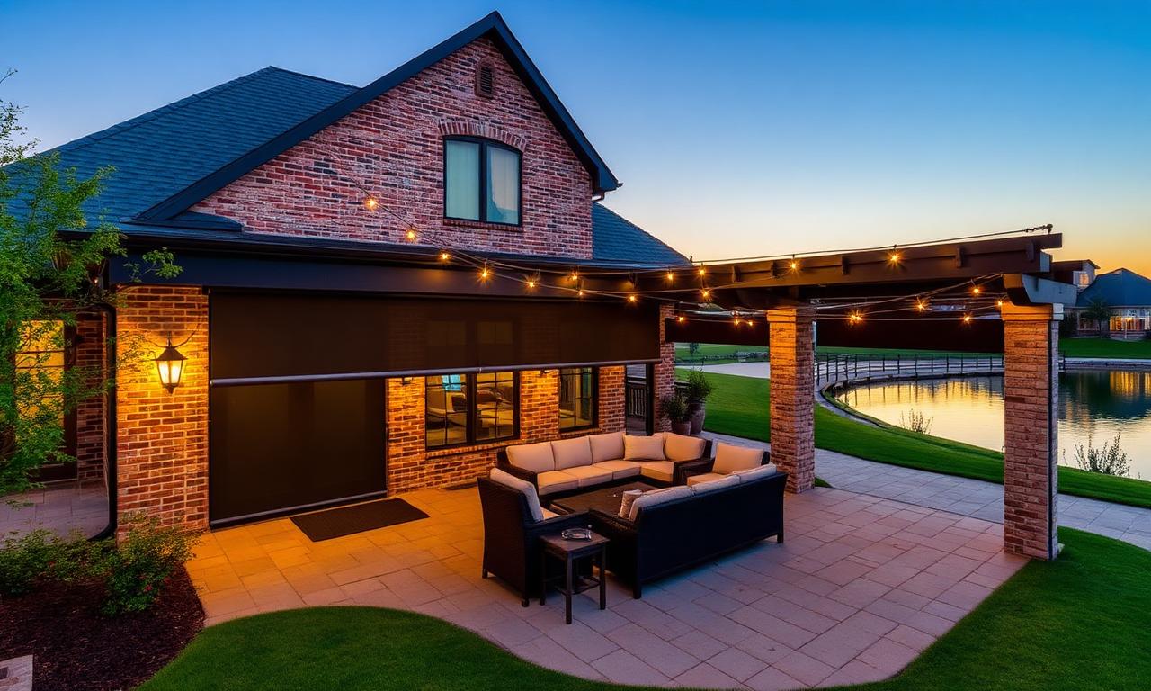 Custom patio shades and louvered pergola on a Arlington, TX home