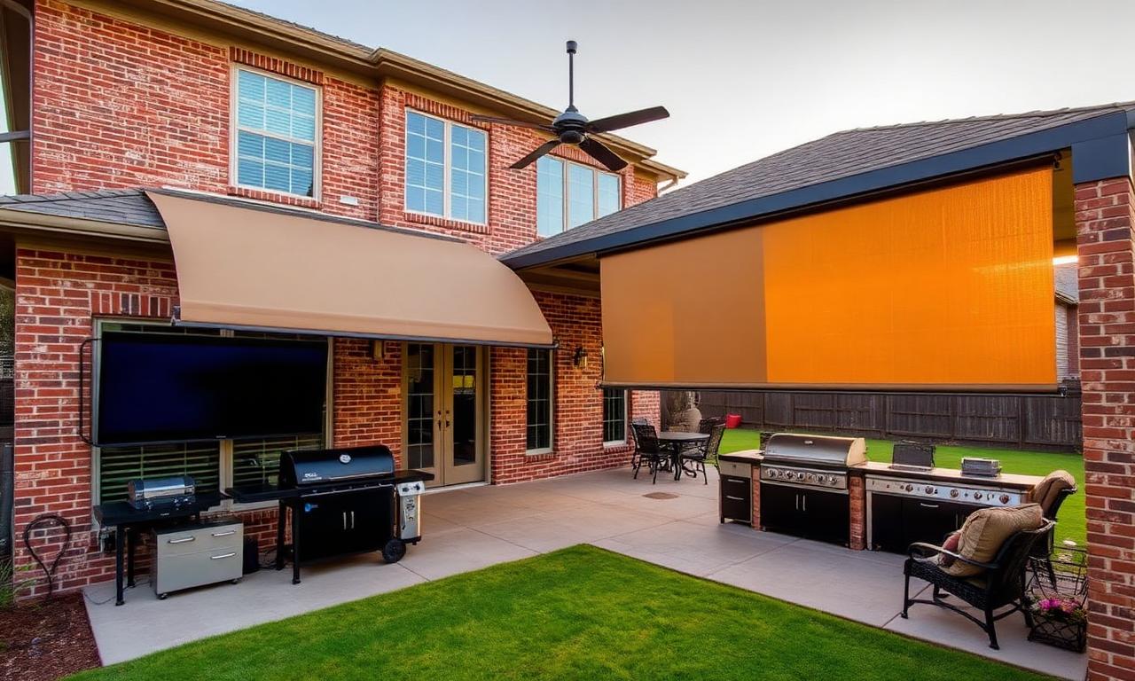 Custom patio shades and louvered pergola on a Burleson, TX home