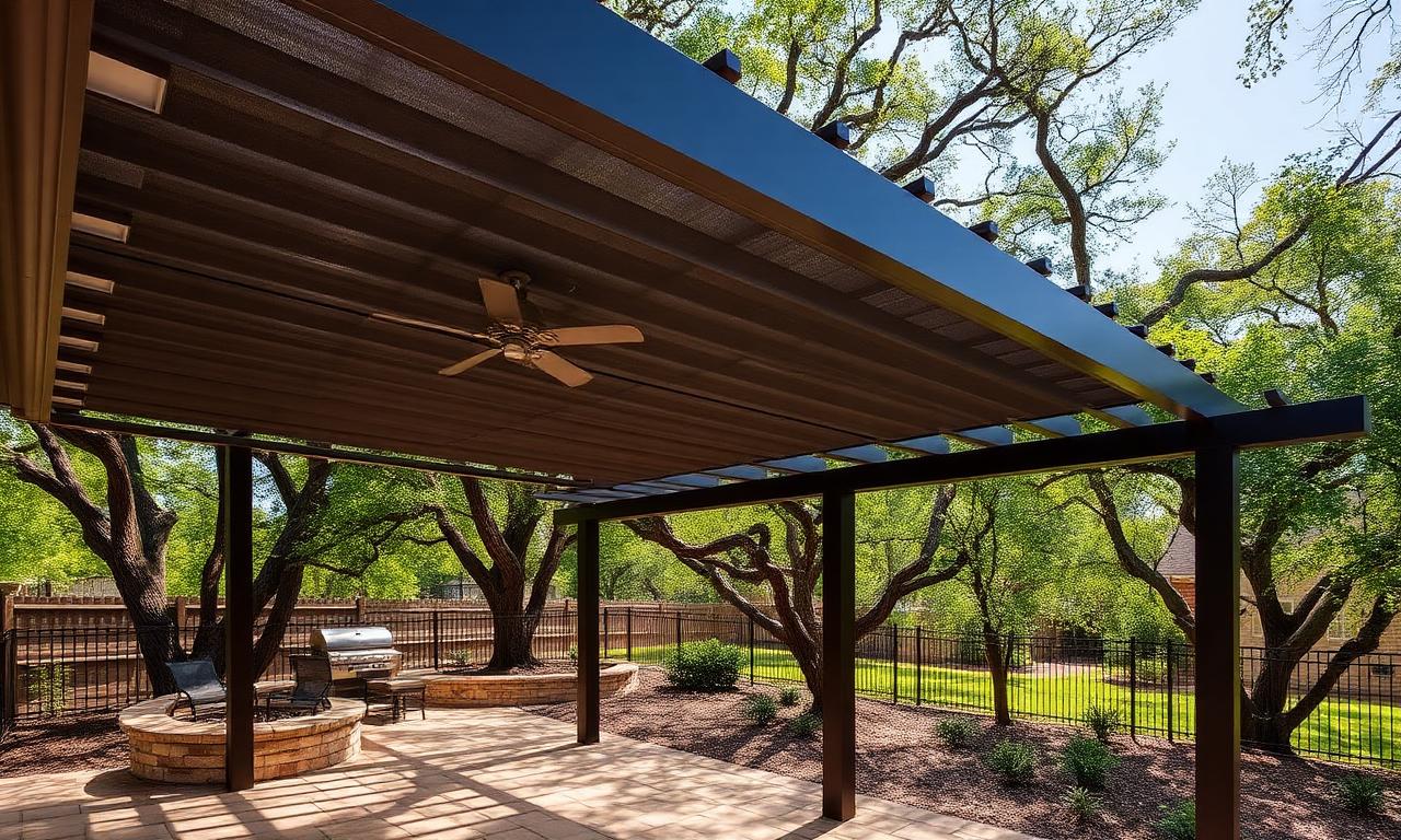 Custom patio shades and louvered pergola on a Colleyville, TX home