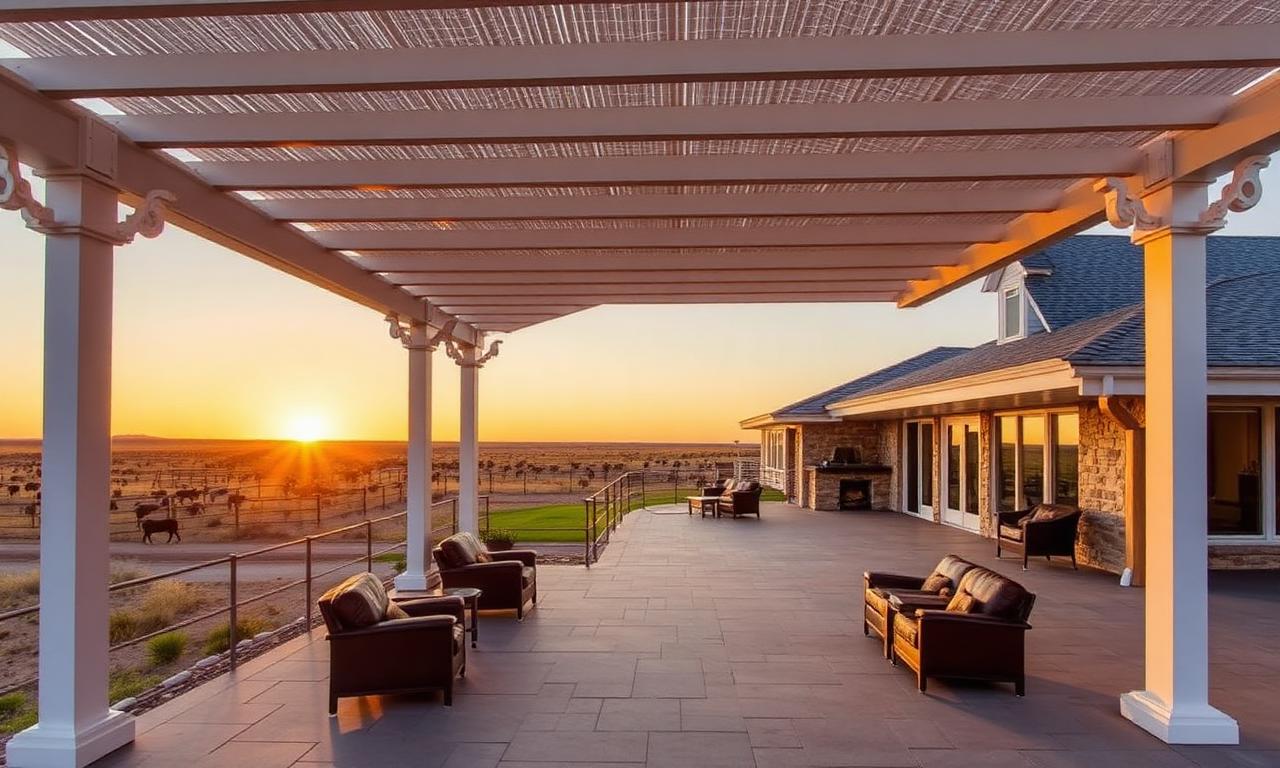 Custom patio shades and louvered pergola on a Fort Worth, TX home