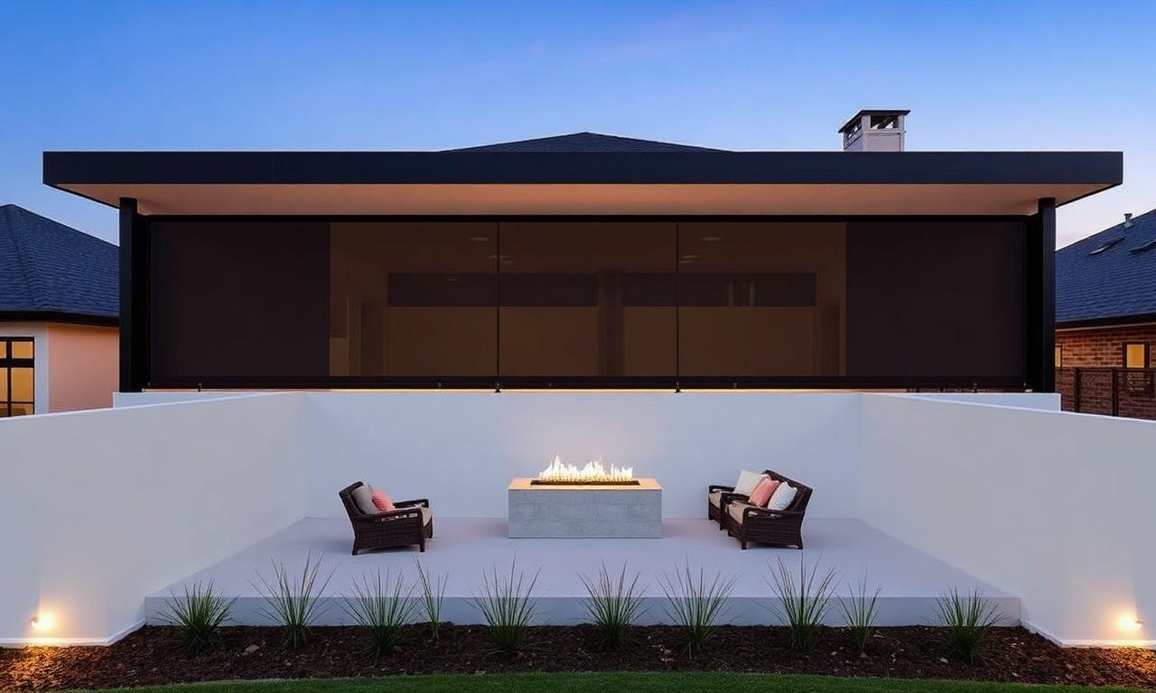 Custom patio shades and louvered pergola on a Frisco, TX home