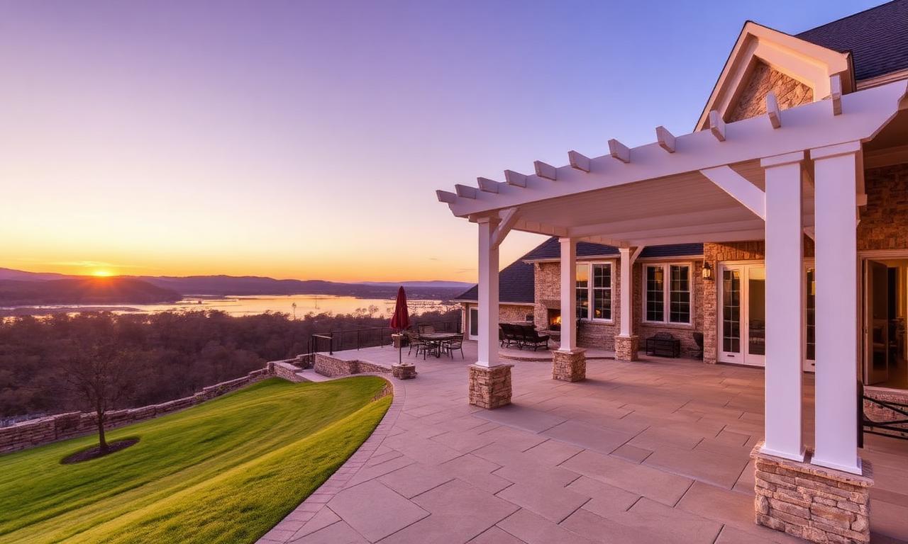 Custom patio shades and louvered pergola on a Granbury, TX home