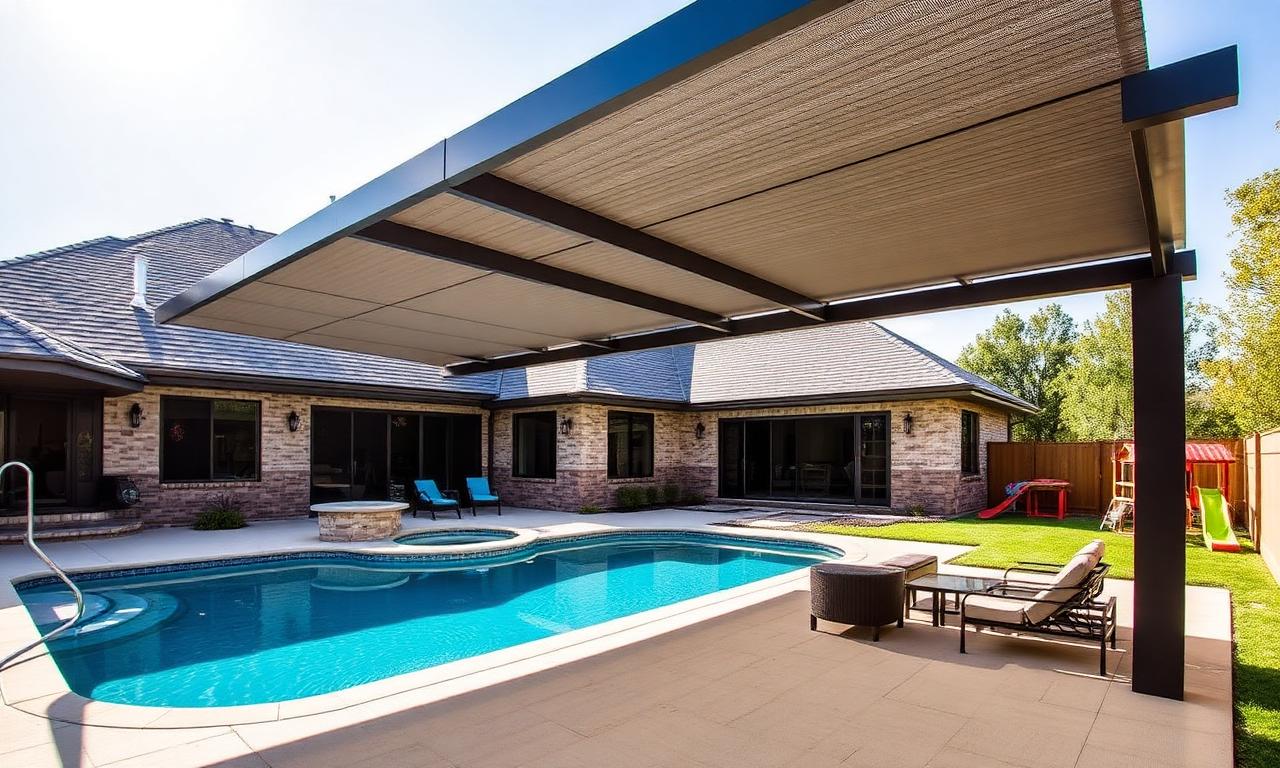 Custom patio shades and louvered pergola on a Keller, TX home