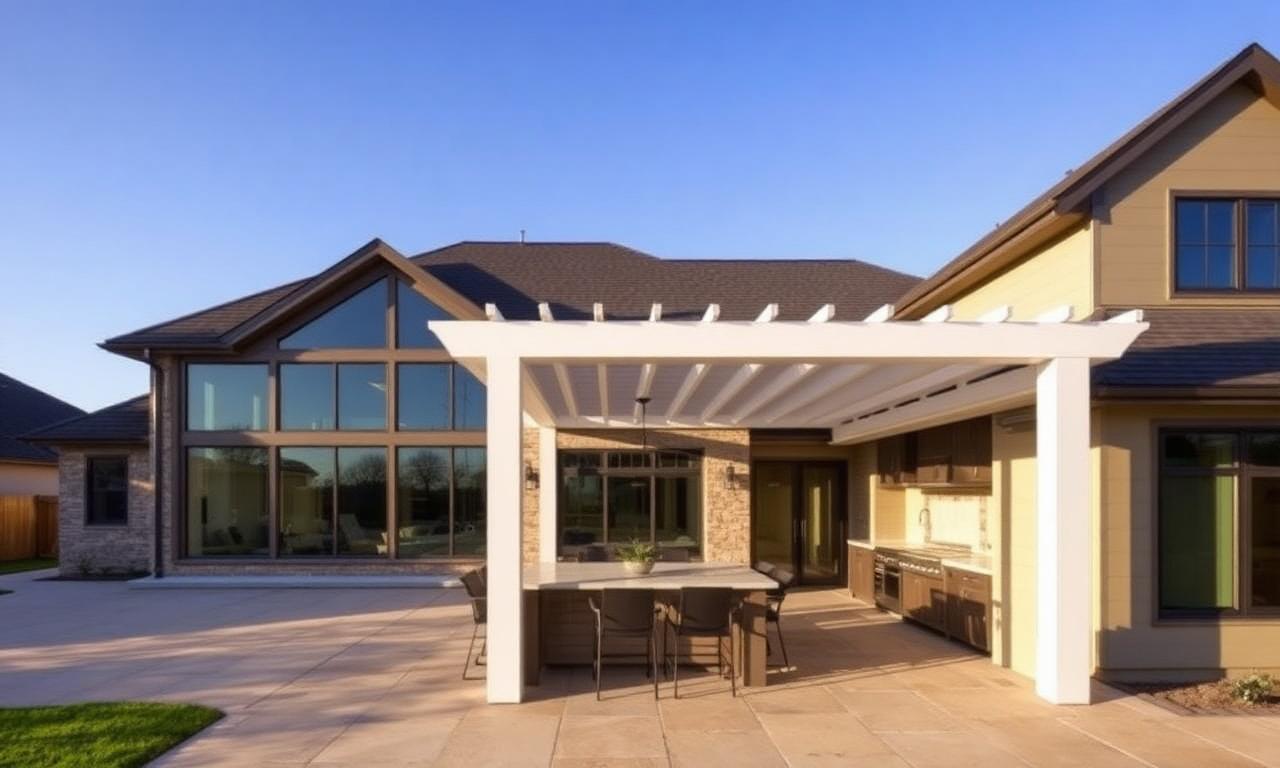 Custom patio shades and louvered pergola on a Mansfield, TX home