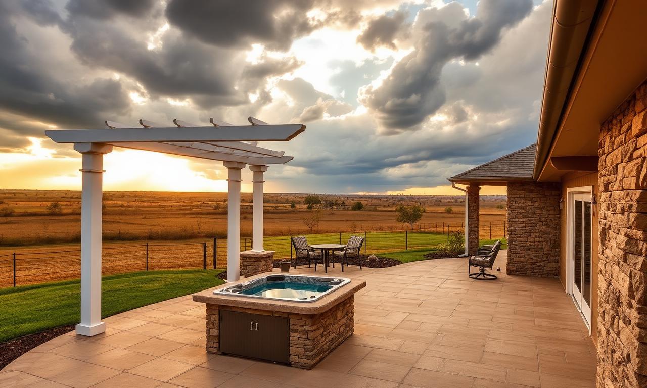 Custom patio shades and louvered pergola on a Midlothian, TX home