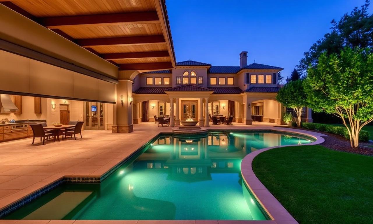 Custom patio shades and louvered pergola on a Southlake, TX home